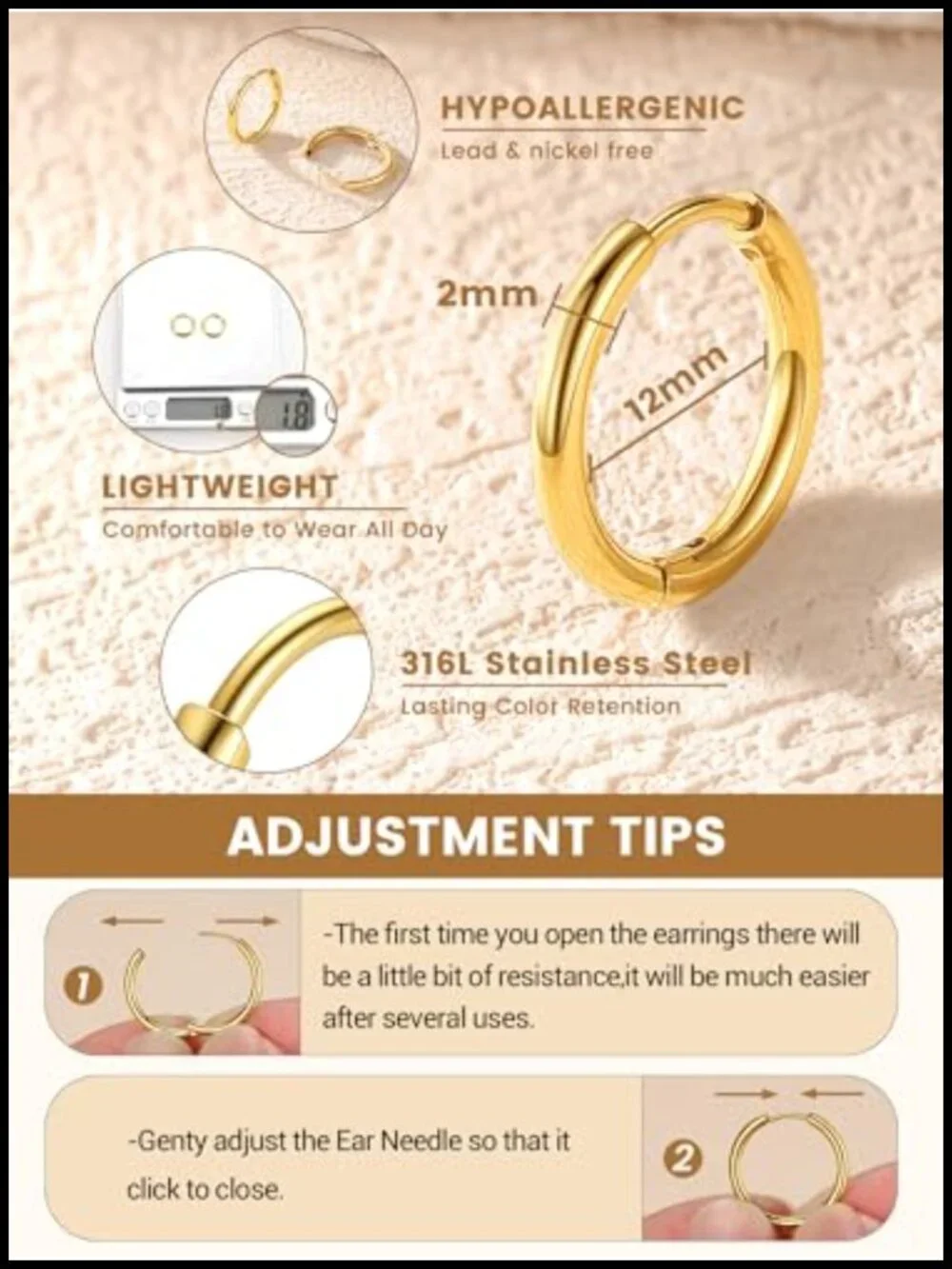 Small Hoop Earrings for Women Stainless Steel Hypoallergenic Huggie Cartilage